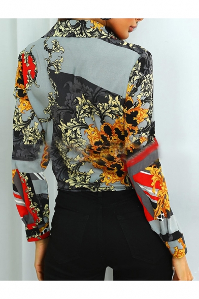 Women's Summer Trendy Floral Printed Tied Up V-Neck Long Sleeve Cropped Blouse