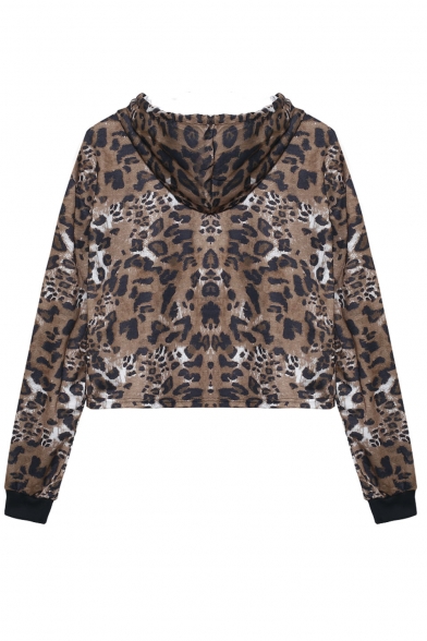 Womens Fancy Khaki Leopard Printed Long Sleeve Pullover Cropped Hoodie
