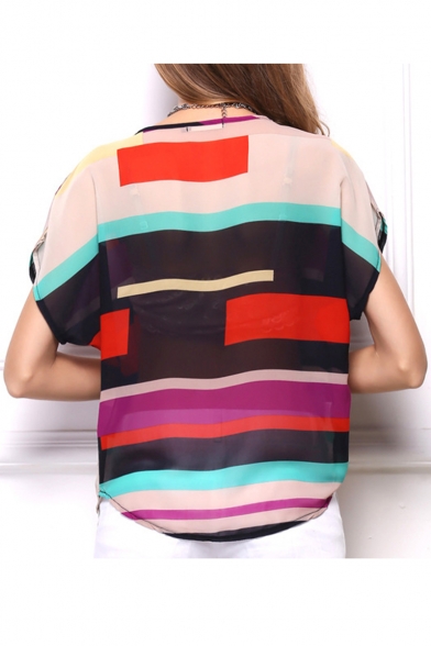 Womens Fashion Geometric Print Round Neck Short Sleeve Sheer Insert Chiffon Batwing T Shirt
