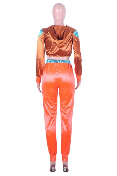 Womens Fashion Patchwork Print Hooded Long Sleeve Zipper Crop Coat Elastic Pants Sport Co-ords