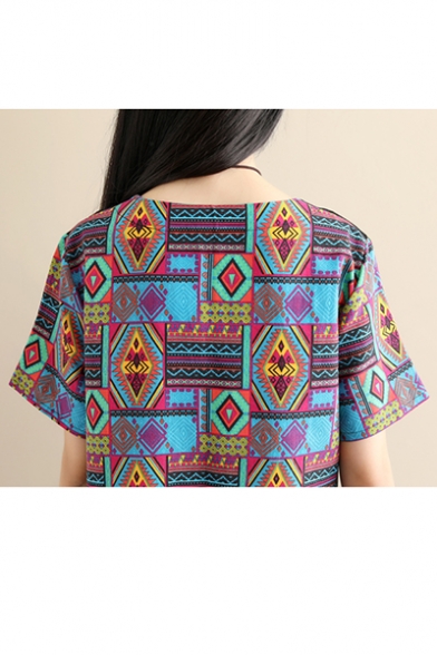 Womens Fashion Round Neck Short Sleeve Tribal Print Midi Shift Dress