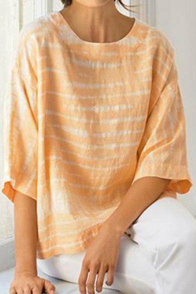Womens Hot Popular Summer Striped Printed Half Sleeve Round Neck Casual Loose Shirt