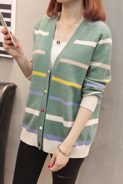 Womens New Campus Style Stripes Print V-Neck Long Sleeve Cardigan