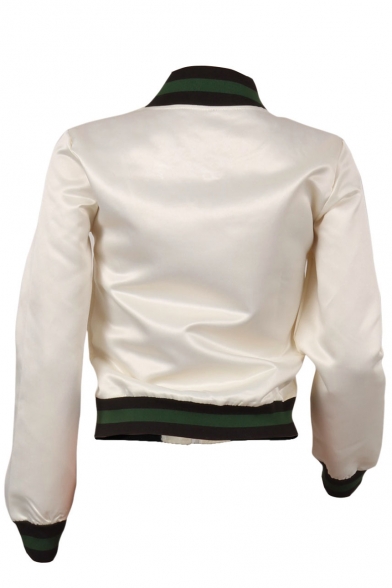 Womens New Fashion White Contrast Trim Stand Collar Long Sleeve Zip Up Fitted Jacket