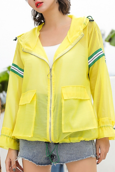 Womens New Stylish Simple Stripe Print Long Sleeve Hooded Zip Up Breathable Skin Jacket Coat