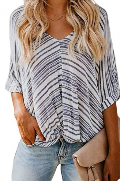 Womens New Trendy Stripe Printed V-Neck Bat Sleeve Loose Fit Twist T-Shirt