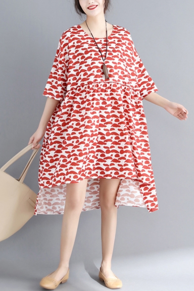 Womens Plus Size Fashion Red Pattern Dipped Hem Midi Chiffon Swing Dress