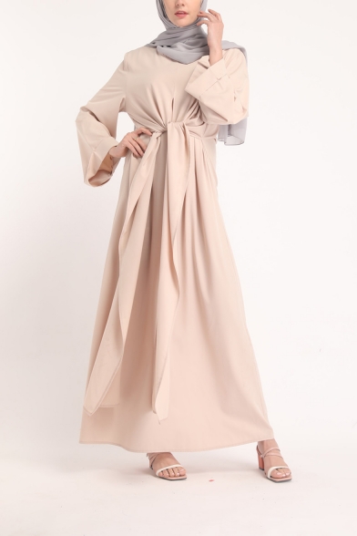 Womens Round Neck Long Sleeve Bow-Tied Wait Convertible Plain A-Line Maxi Dress