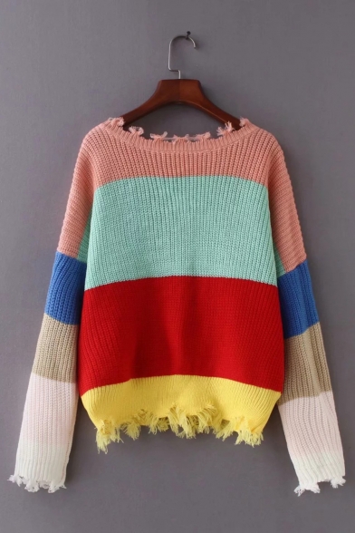 Womens Stylish Rainbow Stripes Print V-Neck Drop Sleeve Crop Top Sweater
