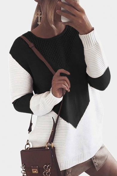 Womens Trendy Patchwork Print Pierced Round Neck Long Sleeve Sweater