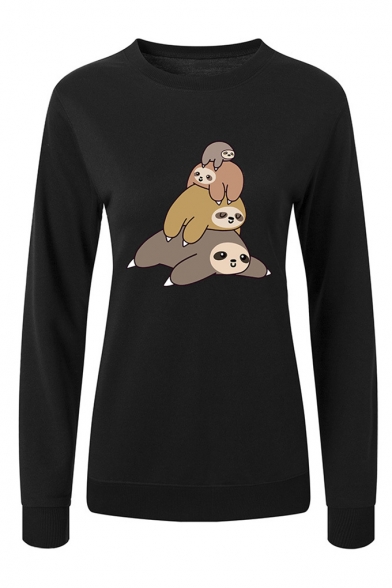 Cartoon Lazy Sloth Pattern Round Neck Long Sleeve Sweatshirt