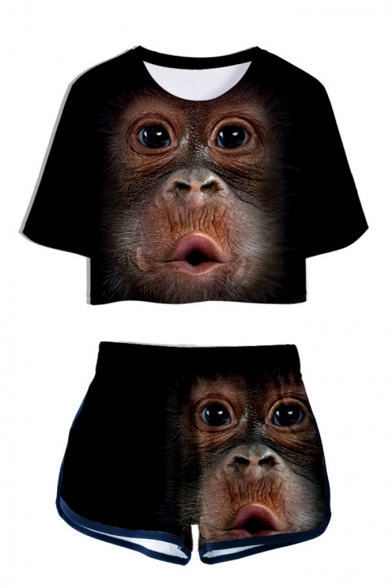 Cool Funny 3D Crown Gorilla Printed Short Sleeve Crop Tee with Dolphin Shorts Two-Piece Set