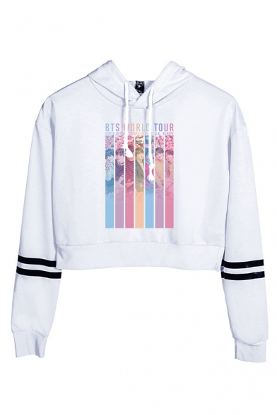Fashion Kpop Boy Band World Tour Printed Striped Long Sleeve Crop Hoodie
