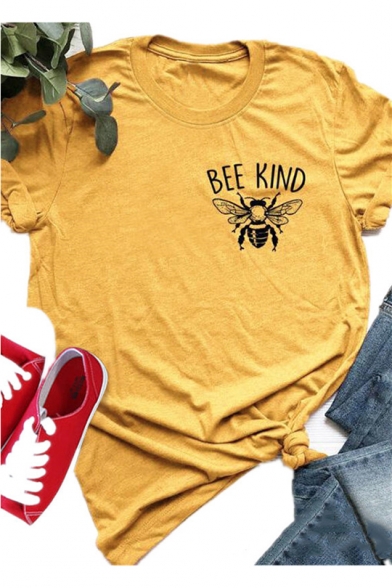 Funny Letter BEE KIND Printed Round Neck Short Sleeve Yellow Graphic Tee