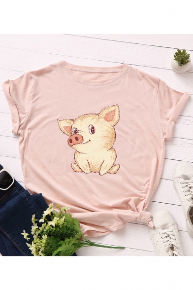 Lovely Cartoon Pig Printed Round Neck Short Sleeve Loose Casual T-Shirt
