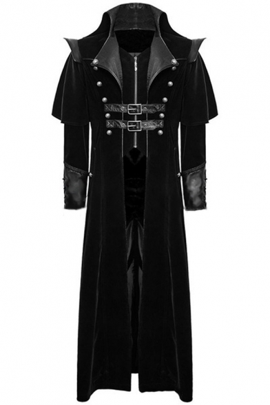 Mens Retro Gothic Grommet Embellished Long Sleeve Zipper Longline Trench Coat Overcoat