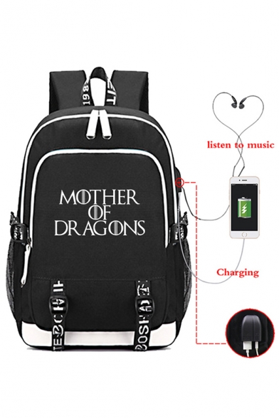 Mother of Dragons Letter Printed Creative USB Charge Laptop Bag School Backpack 30*15*44cm