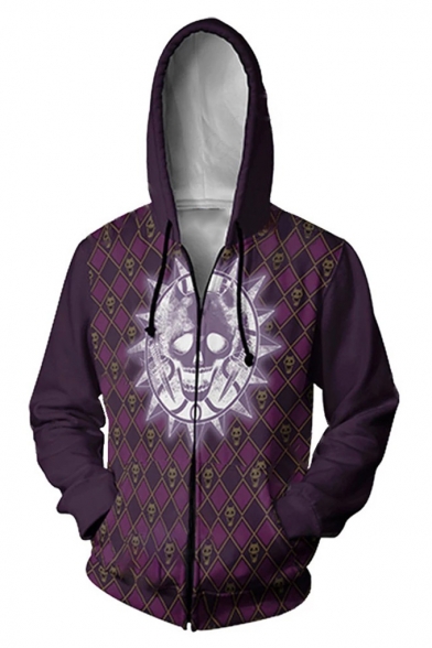 New Trendy Cool Allover Skull Printed Purple Zip Up Drawstring Hoodie