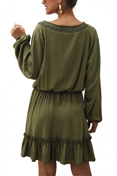 Womens Trendy Plain Tied V-Neck Long Sleeve Ruffled Hem Mini A-Line Dress