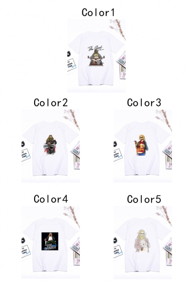 Cartoon Figure Letter Print Round Neck Short Sleeve Casual Loose Summer White Tee