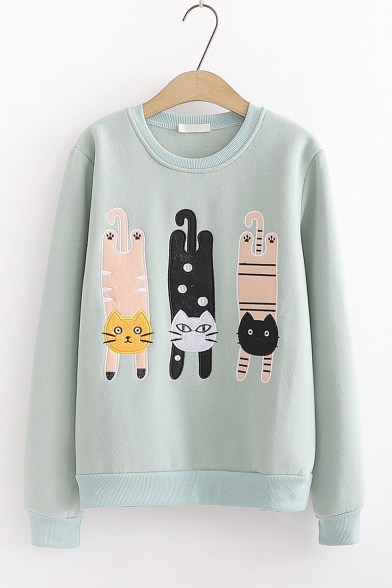 Chic Cat Embroidered Long Sleeve Round Neck Sweatshirt For Girls