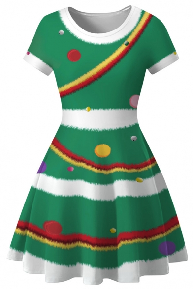 Christmas 3D Printed Round Neck Short Sleeve Mini A-Line Dress