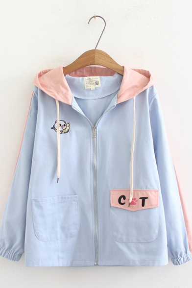Cute Cat And Fish Embroidered Color Block Zip Up Hooded Jacket