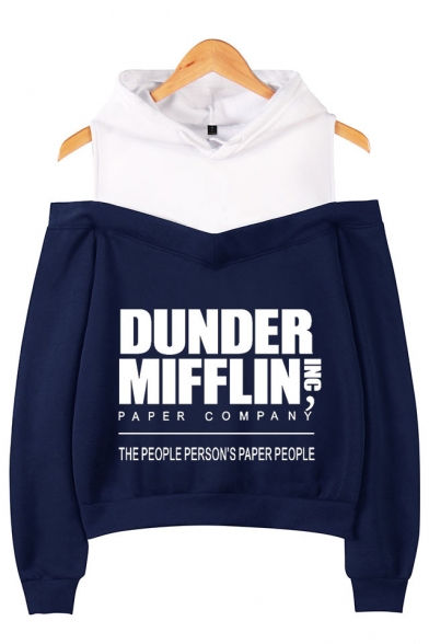 Fashion Letter Dunder Mifflin Print Cold Shoulder Long Sleeve Casual Pullover Hoodie