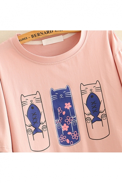 Funny Cartoon Fish and Cat Print Tied Up Short Sleeve Students Casual Tee