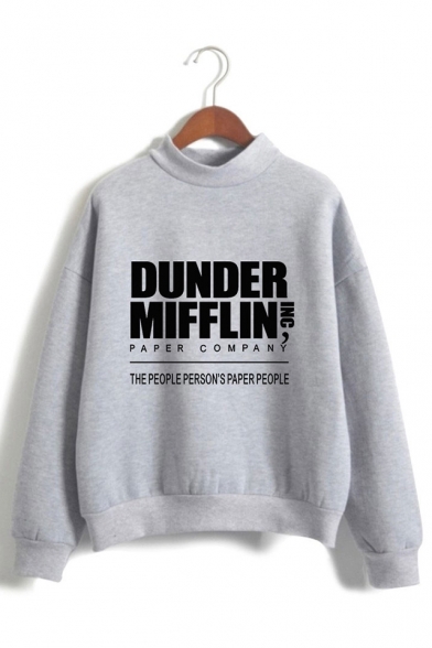 Hot Popular Letter Dunder Mifflin Printed Mock Neck Long Sleeve Casual Sweatshirt