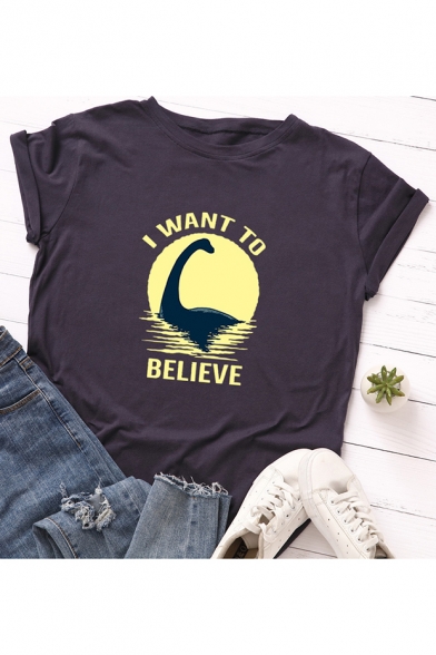 I WANT TO BELIEVE Letter Monster Printed Round Neck Short Sleeve T-Shirt