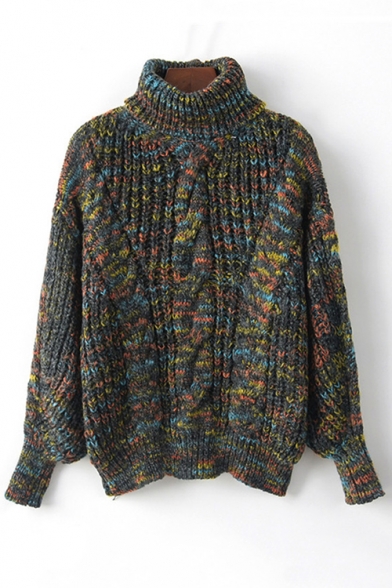Ladies Multicolor Knit Print Cable Knit Roll Neck Bloomer Sleeve Sweater