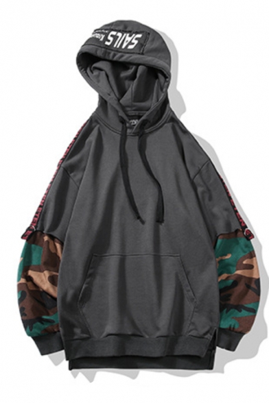 Men's Hot Fashion Letter Long Sleeve Camouflage Patch Fake Two Piece Drawstring Pullover Hoodie