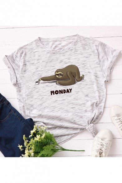 MONDAY Letter Funny Sloth Printed Round Neck Short Sleeve Summer T-Shirt