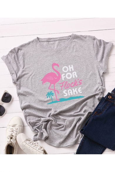 OH FOR Flock'SAKE Letter Flamingo Printed Round Neck Short Sleeve Casual Loose Tee