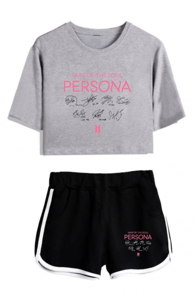Popular Kpop Boy Band Logo Persona Short Sleeve Crop Tee with Dolphin Shorts Two-Piece Set