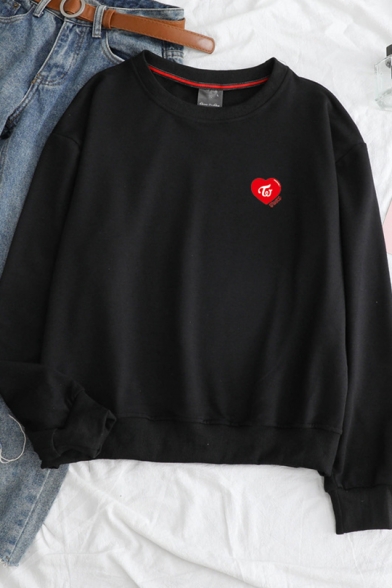 Simple Letter Heart Printed Long Sleeve Round Neck Pullover Relaxed Sweatshirt