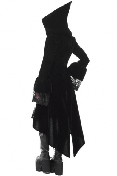 Vintage Medieval Gothic Style Lace Patchwork Long Sleeves Black Slim Asymmetric Hem Hooded Tunic Trench Coat