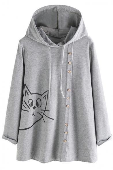 Cartoon Cat Pattern Button Embellished Long Sleeve Loose Hoodie