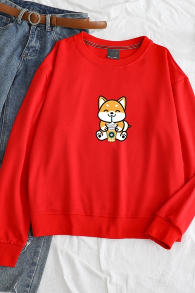 Cute Cartoon Dog Pattern Round Neck Long Sleeve Leisure Pullover Sweatshirt