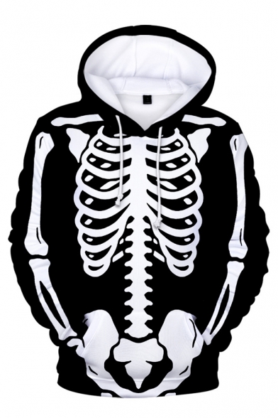 Fashion Halloween Skeleton Printed Long Sleeve Casual Loose Black Hoodie