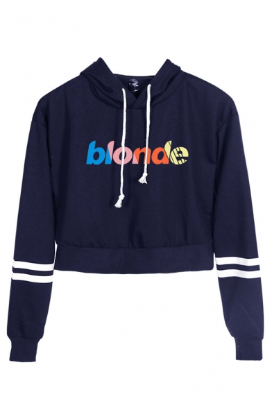 Fashion Ombre Color BLONDE Printed Stripe Long Sleeve Cropped Hoodie for Women
