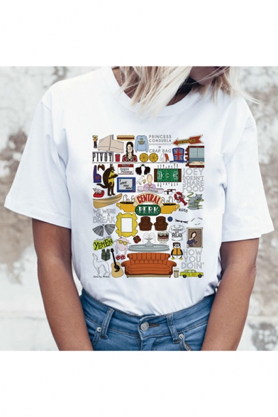 FRIENDS Letter Character Printed Round Neck Short Sleeve White Tee