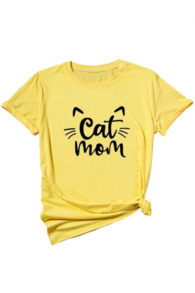 Funny Cartoon Letter Cat Mom Printed Basic Round Neck Short Sleeve Leisure T-Shirt