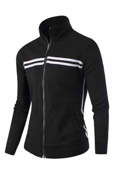 Guys Popular Fashion Contrast Stripe Pattern Long Sleeve Stand Collar Sports Zip Up Hoodie