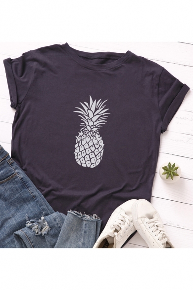 Leisure Pineapple Pattern Round Neck Short Sleeve Casual Loose Summer T-Shirt