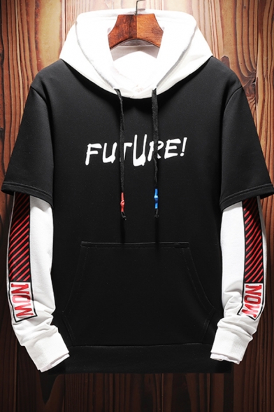 Men's New Stylish Letter FUTURE Print Colorblock Long Sleeve Pullover Drawstring Hoodie