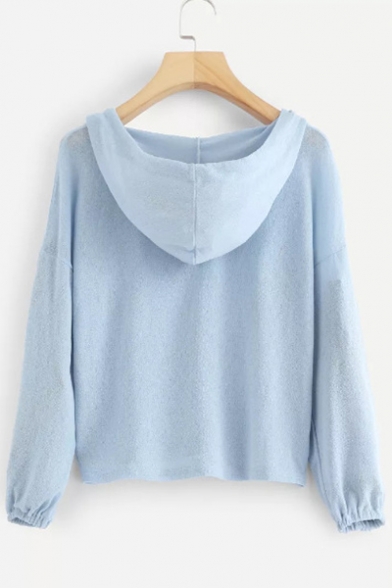 New Fashion Simple Plain V-Neck Hooded Long Sleeve Loose Fit Sweater Knitwear