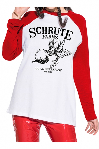 SCHRUTE FARMS Letter Plants Printed Color Block Raglan Long Sleeve Casual Tee
