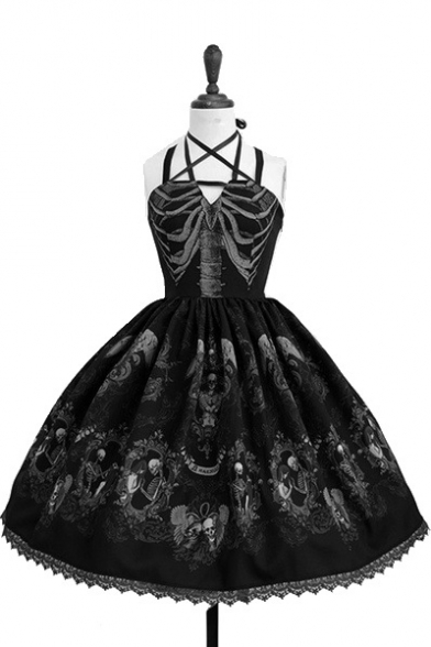 Sexy Straps Sleeveless Lace Patchwork Skull Printed Party Evening Gown Fit&Flare Mini Cami Dress